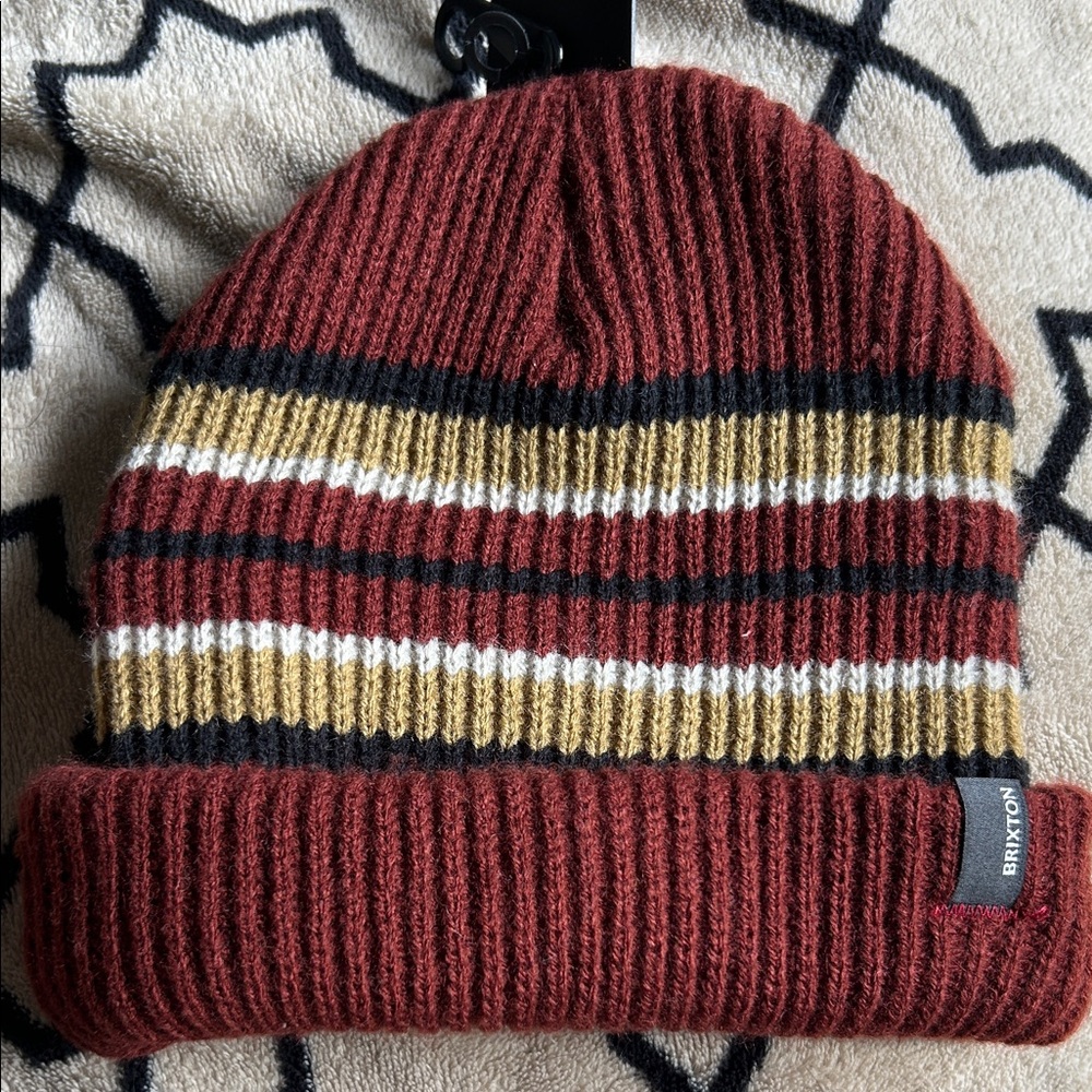 Brixton Unisex Heist Beanie Knit dark red and mustard stripes NWT